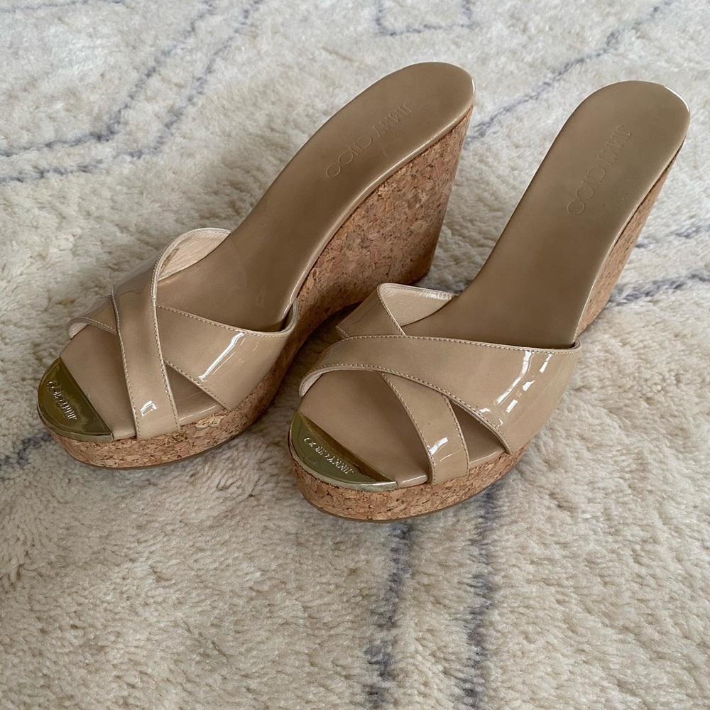 Jimmy Choo Beige Patent Leather Wedge Sandals
